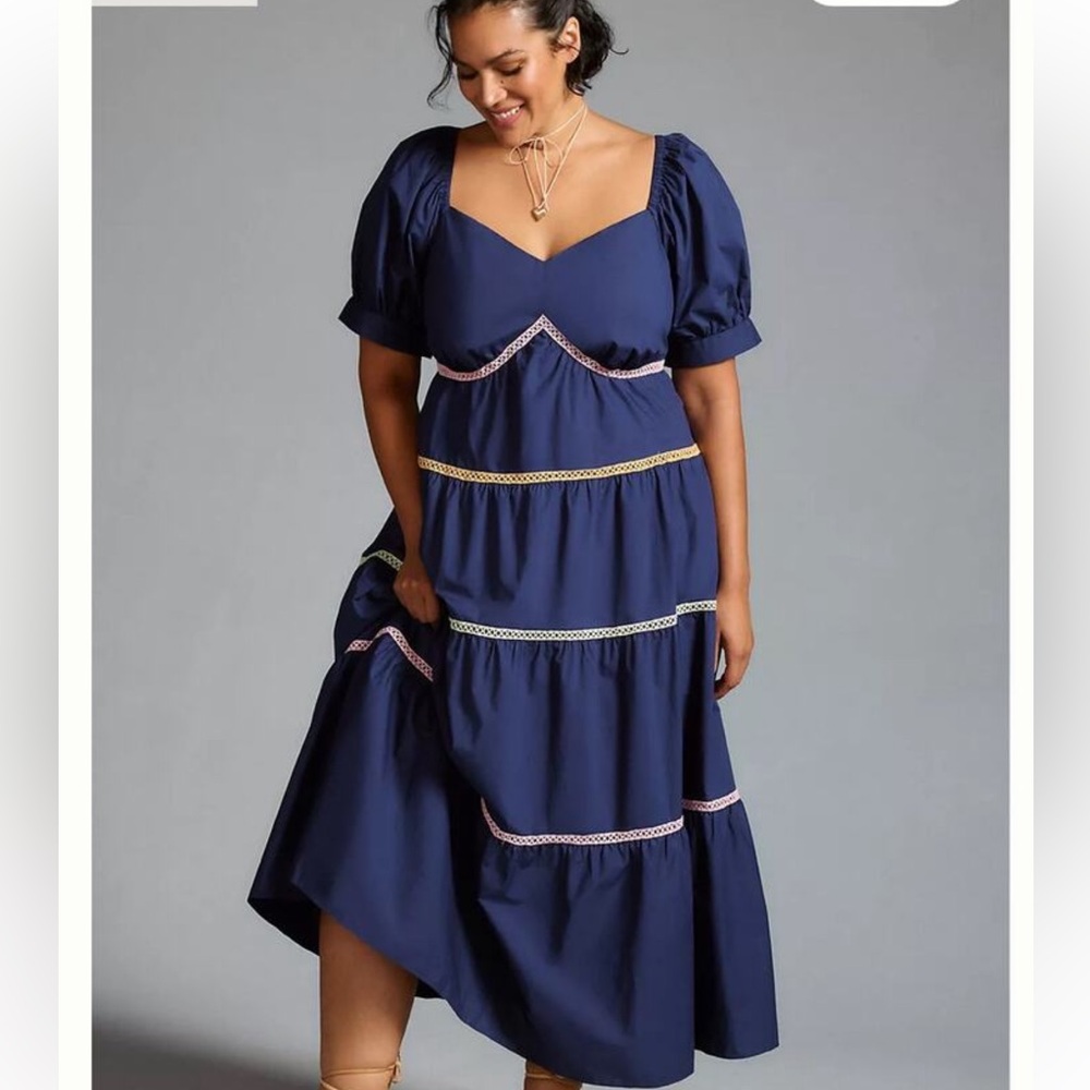 Anthropologie English Factory Navy Blue Midi Dress with Colorful Trim